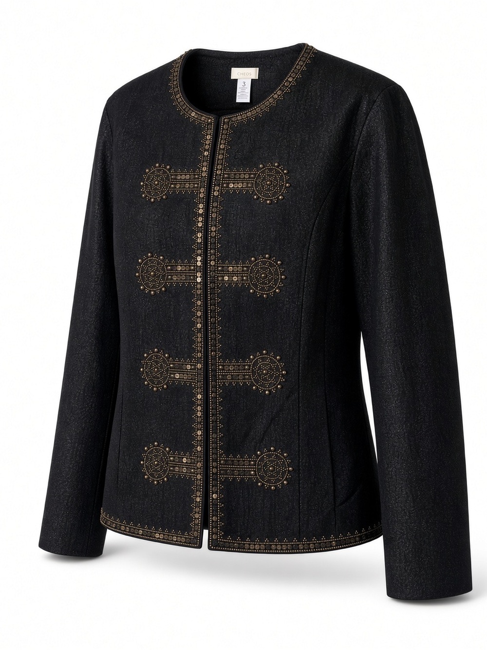 Chico's Black Jacket with Broze Studs Embellished Military-Inspired Trim